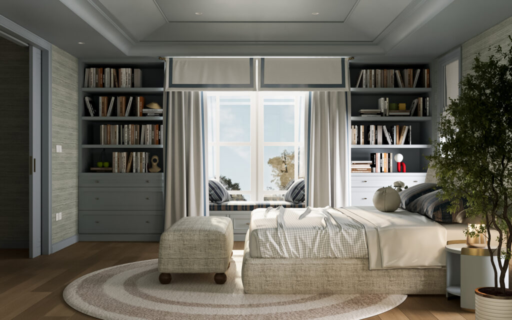 Phòng ngủ chính với giường, ghế đôn, ghế ngồi cạnh cửa sổ và kệ sách hai bên. / Master bedroom featuring a bed, ottoman, window seat, and built-in bookshelves on both sides.