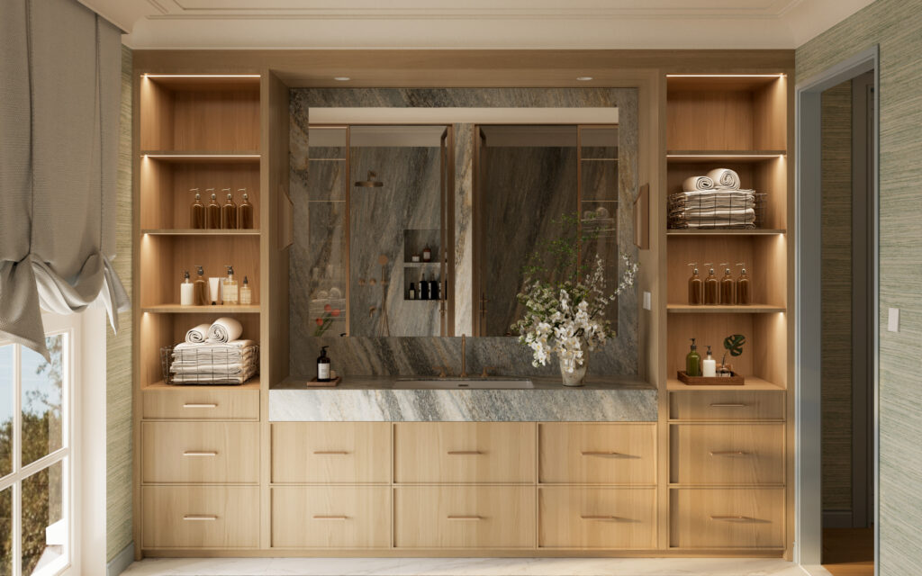 Bàn trang điểm phòng tắm với gương đôi, mặt đá, tủ gỗ và kệ mở. / Bathroom vanity with double mirrors, a stone backsplash, wooden cabinets, and open shelves.