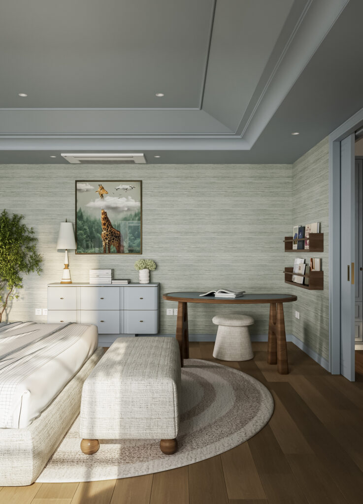 Một góc khác của phòng ngủ, có giường, ghế dài, bàn và tranh hươu cao cổ. / Another perspective of the bedroom, showing the bed, bench, desk, and a giraffe painting.